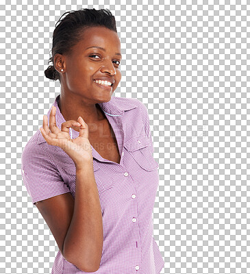 Buy stock photo Portrait, hand and black woman with perfect sign on isolated, transparent and png background. Okay, emoji and face of African female with positive feedback, review or vote, approve or support gesture