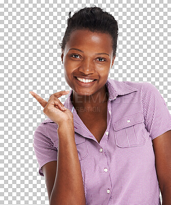 Buy stock photo Portrait, hand pointing and happy gen z girl with announcement on isolated, transparent and png background. Face, smile and female person showing sale, deal or coming soon, information or promo list