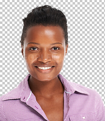 Buy stock photo Face, confident smile and black woman with a positive mindset, natural skin and casual style. Young african person, happy and beauty portrait from Nigeria isolated on a transparent, png background