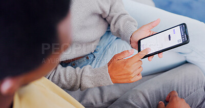 Buy stock photo Couple hands, online shopping and phone screen in closeup, home living room and scroll for choice. People, smartphone and ecommerce app for pots, store website or reading for discount, sale or deal