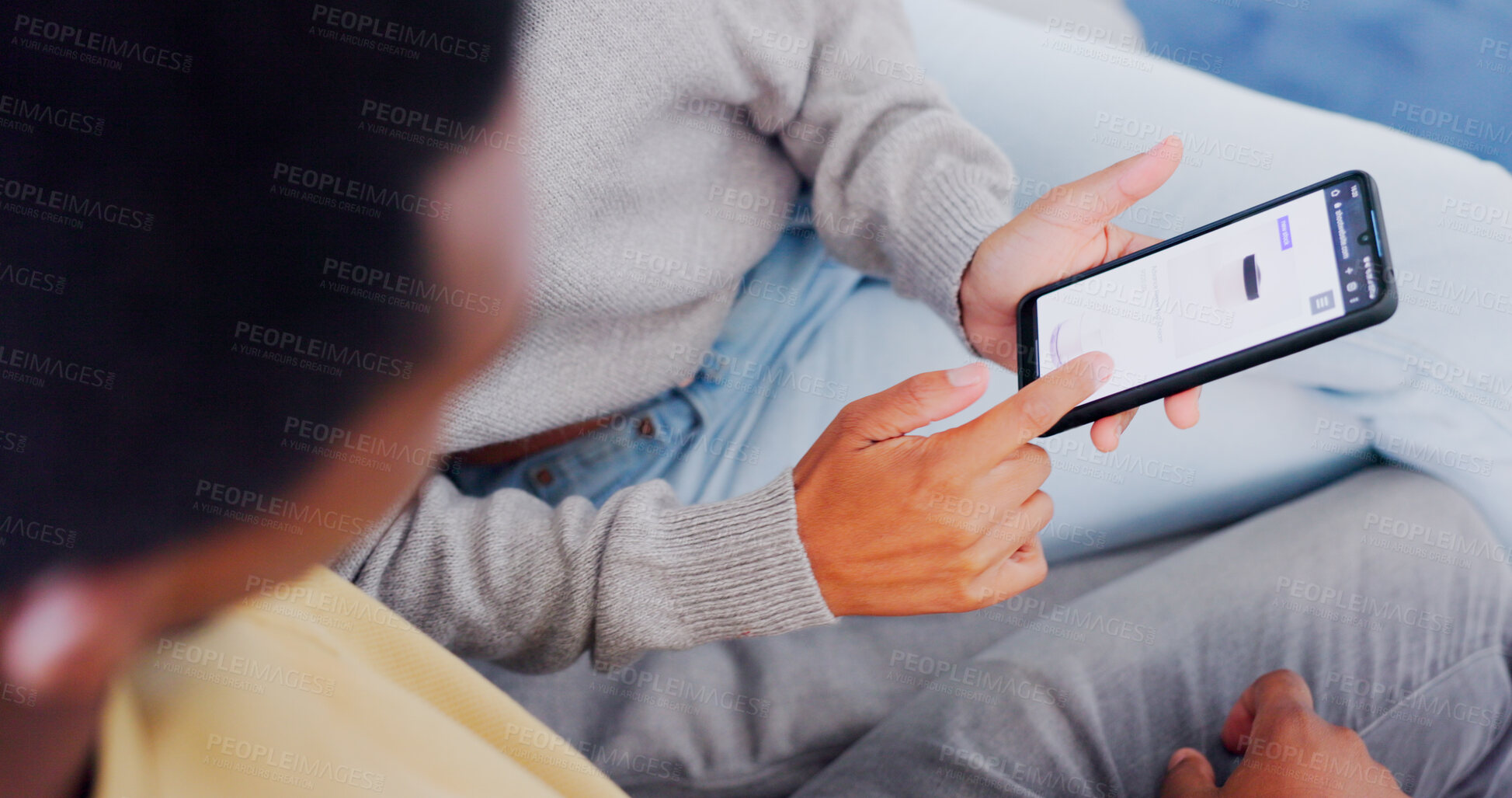 Buy stock photo Couple hands, online shopping and phone screen in closeup, home living room and scroll for choice. People, smartphone and ecommerce app for pots, store website or reading for discount, sale or deal