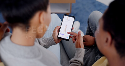 Buy stock photo Couple hands, online shopping and phone screen in closeup, home living room and scroll for choice. People, smartphone and ecommerce app for spray, store website or reading for discount, sale or deal