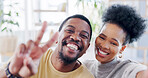 Black couple, smile and peace sign for selfie, vlog or social media post together with facial expressions at home. Portrait of happy, silly or goofy man and woman smiling with faces for photo moments