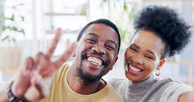 Buy stock photo African couple, selfie and home with peace sign, smile or romance on blog, love or bonding with emoji. Black woman, man and photography for portrait, profile picture and icon on social media in house