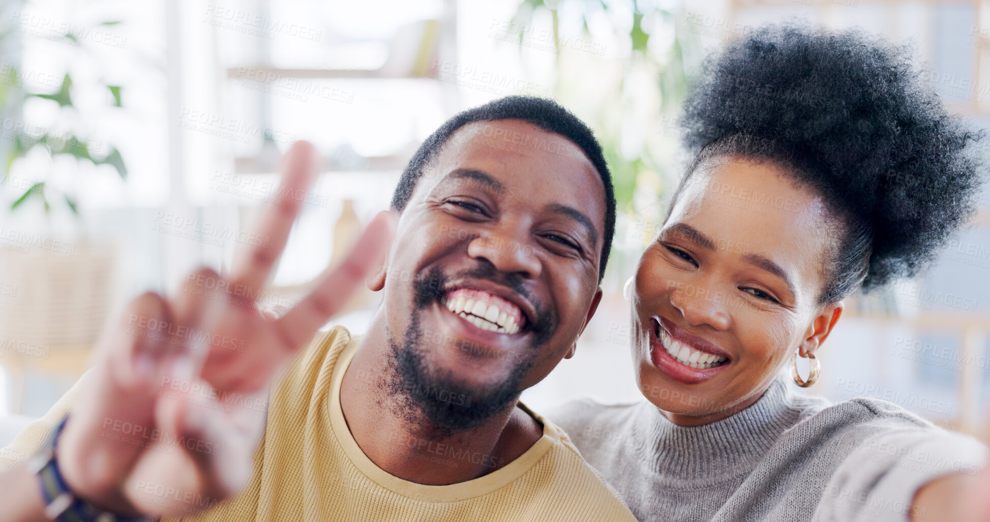 Buy stock photo African couple, selfie and home with peace sign, smile or romance on blog, love or bonding with emoji. Black woman, man and photography for portrait, profile picture and icon on social media in house