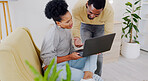 Laptop, relax and internet with black couple in living room for browsing, online shopping and search. Share, social media and website with man and woman at home for information, investment and news
