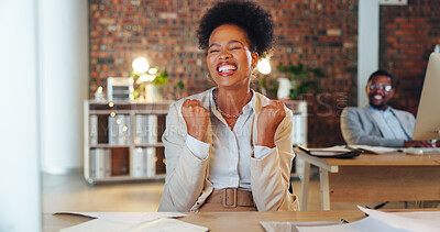 Buy stock photo Black woman, celebration and happiness in office for winning promotion, bonus or achievement of goals. Yes, employee and entrepreneur with success, feedback and excited winner of work opportunity