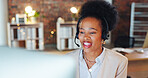 Black woman, call center and talking to client with CRM, customer support or telemarketing night shift. Communication, headset and female consultant work late, help desk with computer and contact us