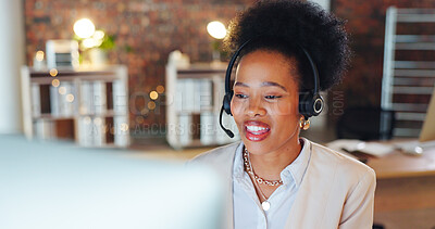 Buy stock photo Woman, call center and computer in night, talk and office for telemarketing, voip mic and contact us. African consultant, crm and tech support agent for customer care, ideas or questions at help desk