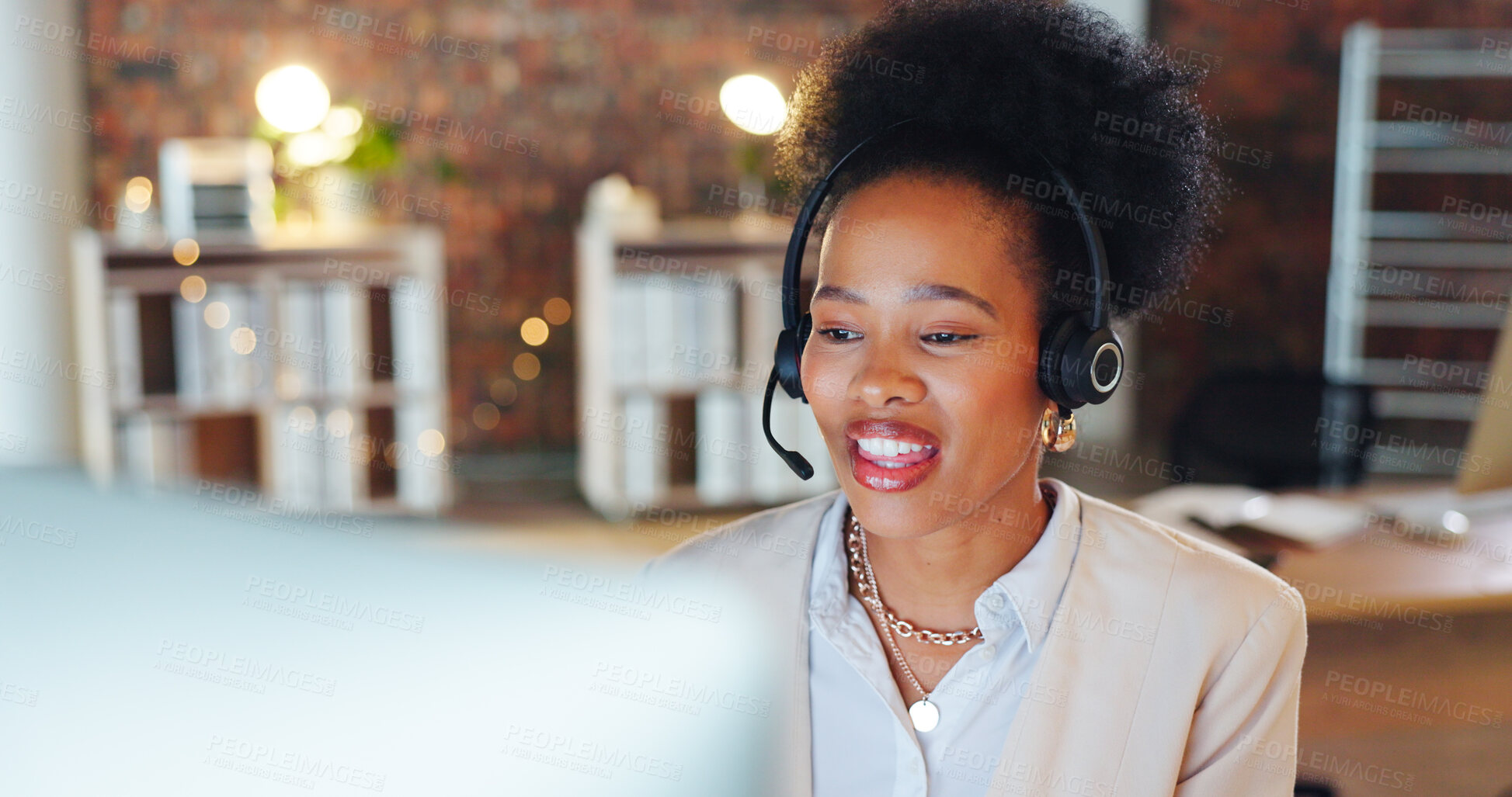 Buy stock photo Woman, call center and computer in night, talk and office for telemarketing, voip mic and contact us. African consultant, crm and tech support agent for customer care, ideas or questions at help desk