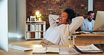 Office computer, customer service and relax happy woman done with telemarketing, contact us CRM or telecom. Call center, easy ecommerce consultant and African tech support person finished with work