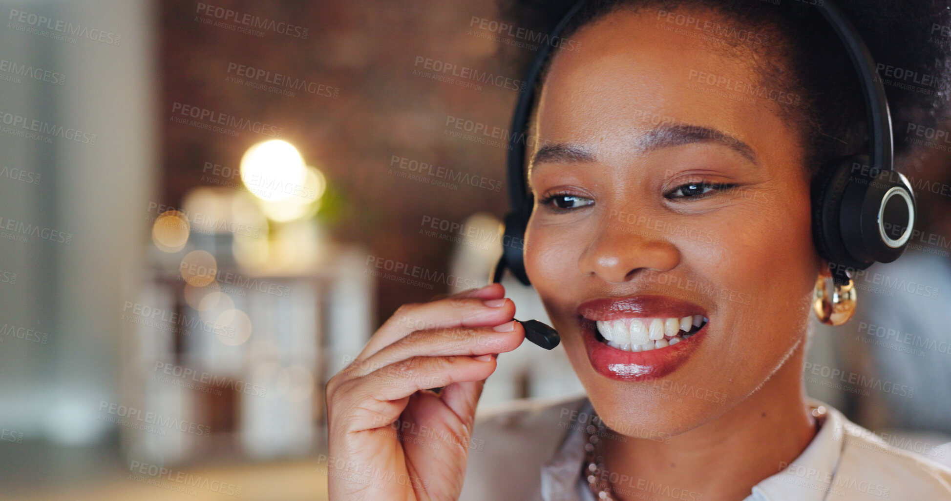 Buy stock photo African woman, call center and night in office, talk and smile for telemarketing, voip mic or contact us. Consultant, crm and tech support agent with customer service, thinking or advice at help desk