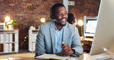 Buy stock photo African man, call center and computer in office, talk and night for telemarketing, voip mic and contact us. Consultant, crm and tech support agent for customer service, idea or questions at help desk