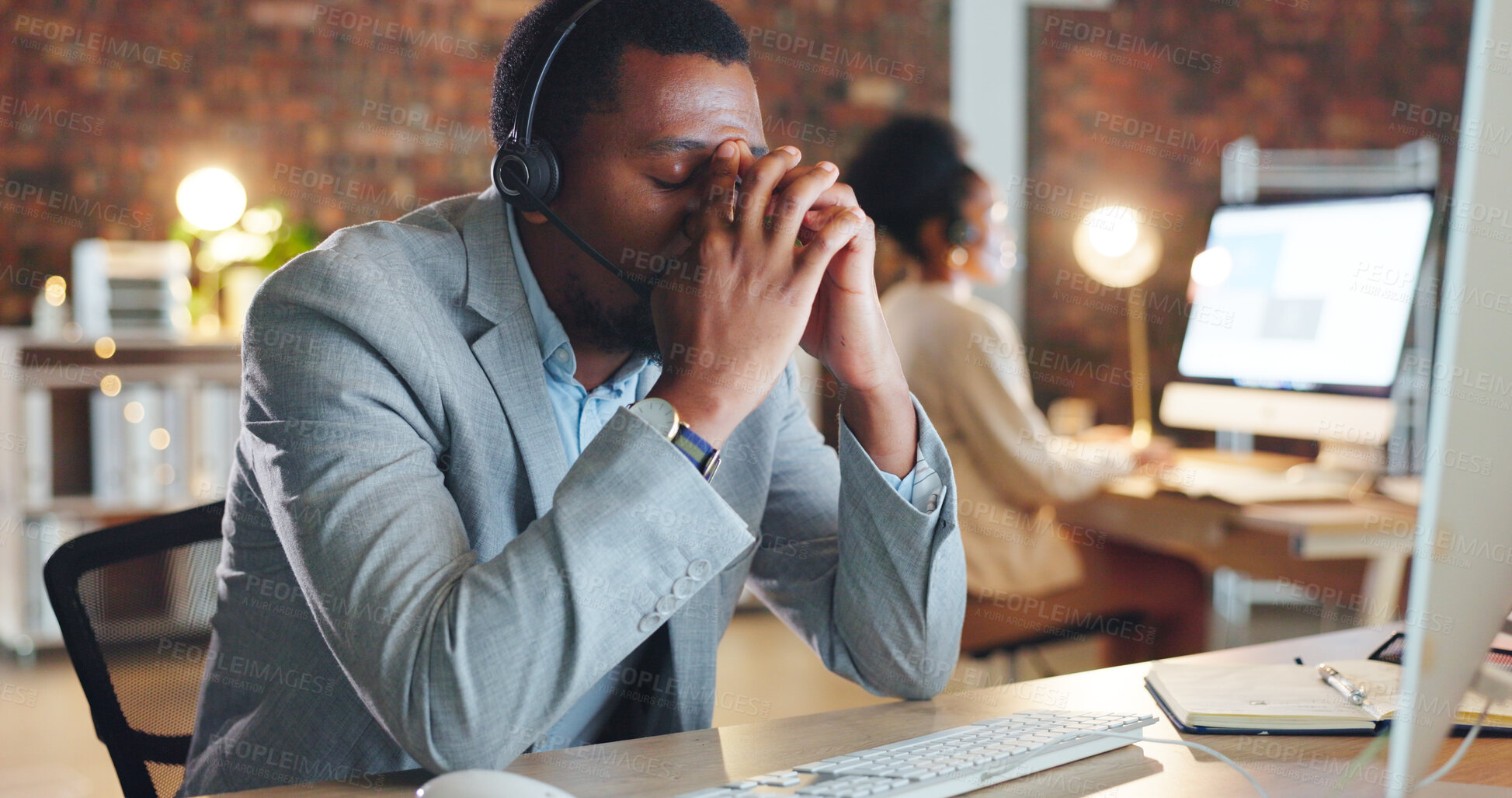 Buy stock photo African man, call center and stress by computer, tired or mistake for tech support, glitch or error. Consultant, crm or agent in night, telemarketing or customer service with fatigue, burnout or fail