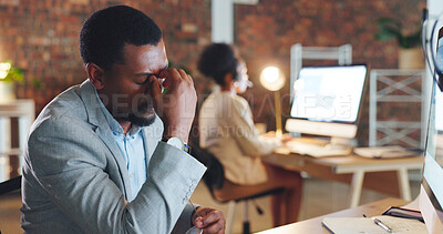 Buy stock photo Stress, headache and black man with burnout, fatigue and exhausted in night, overtime or frustrated in office. Tired employee and pain in head from anxiety, migraine or late crisis in workplace