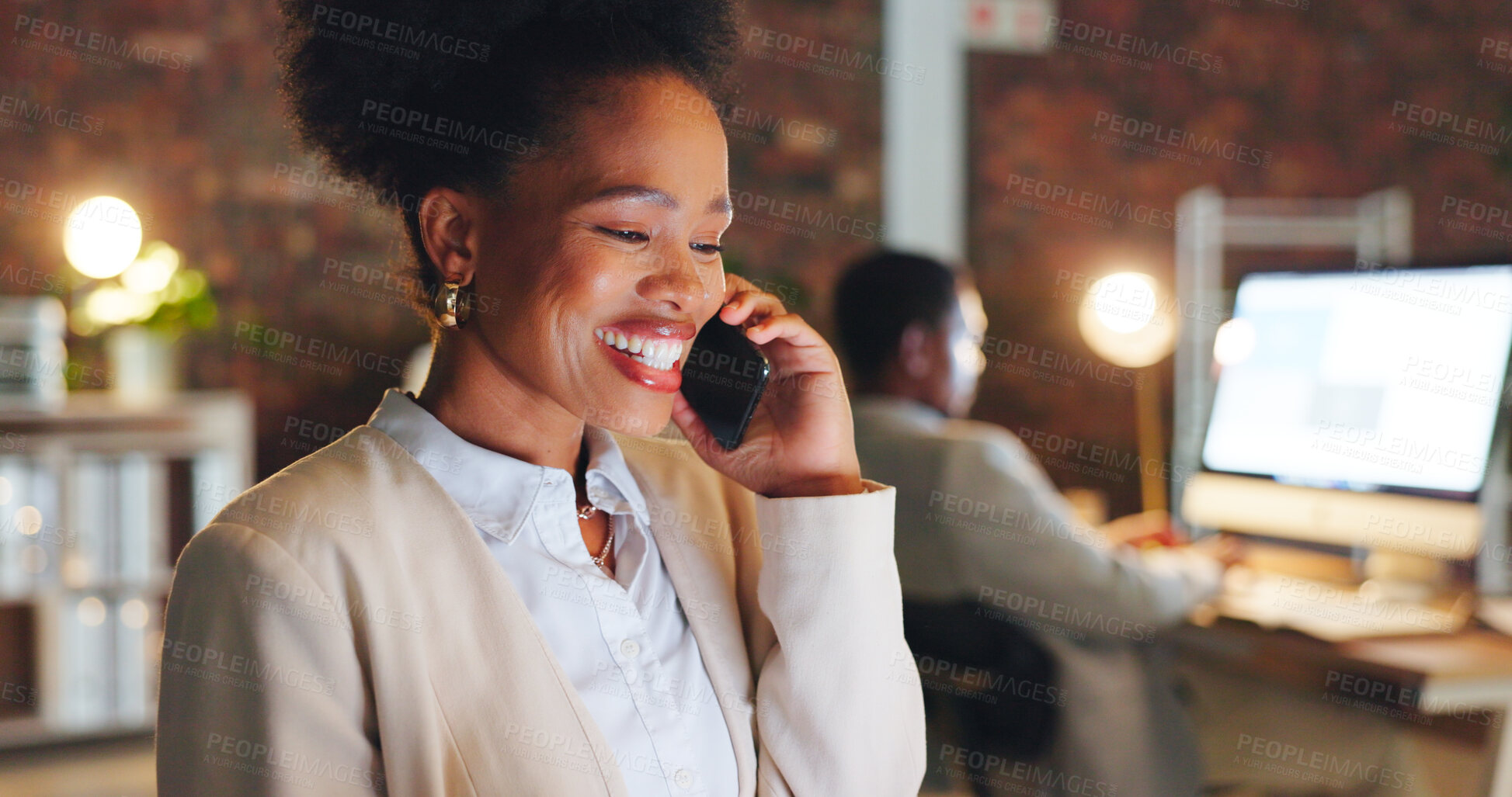 Buy stock photo Phone call, happy and business woman at night working on project, deadline and planning in dark office. Corporate, smile and person on smartphone for contact, communication and discussion at desk