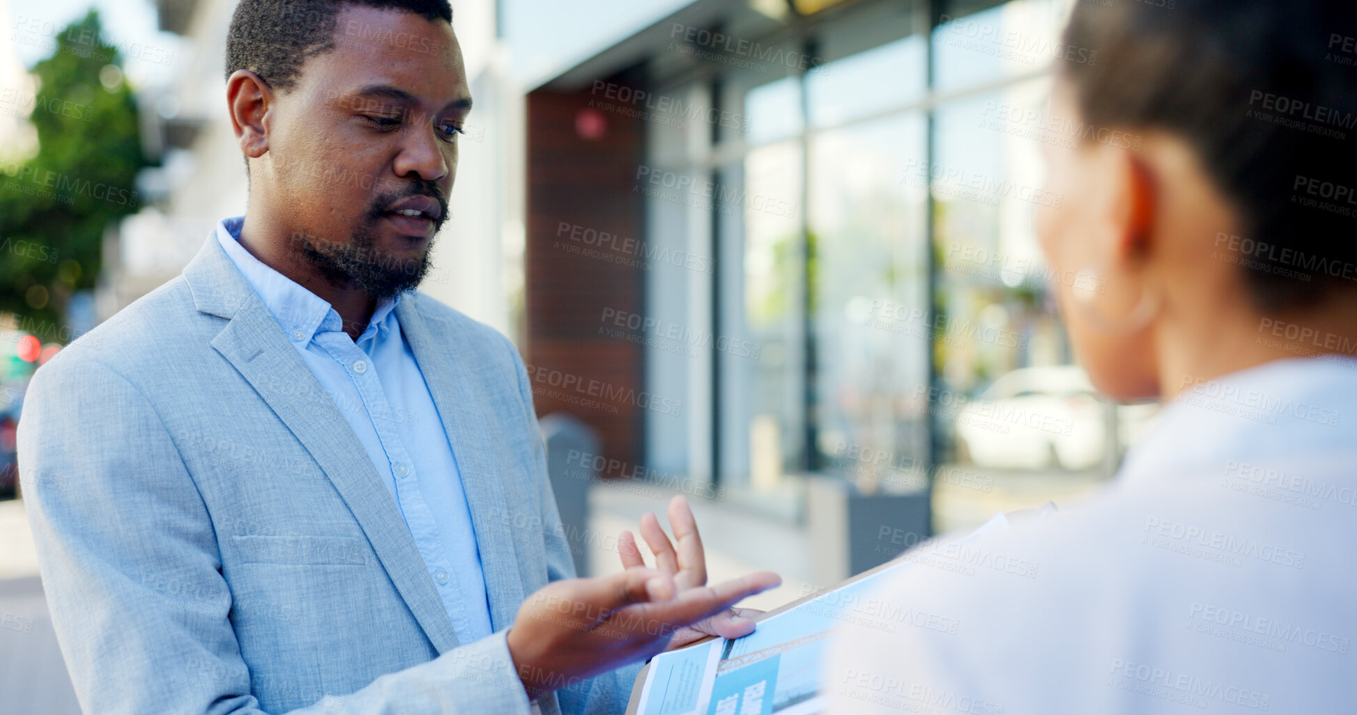 Buy stock photo Sales, insurance and a businessman or salesman talking to a client about a deal in a city or town. Advice, communication and male agent having a conversation in the street with a customer for retail