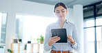 Business, woman and laughing on tablet in office of productivity, planning or startup research. Happy female employee working on digital technology, website strategy or scroll internet app in company