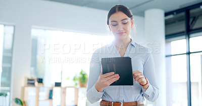 Buy stock photo Tablet, smile and business woman in the office doing research for legal corporate project. Digital technology, happy and professional female attorney from Canada working on law case in workplace.