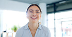 Business woman, face and laughing in office for happiness, confidence and motivation in Norway. Happy female worker, portrait and smile in company for corporate pride, empowerment and career growth