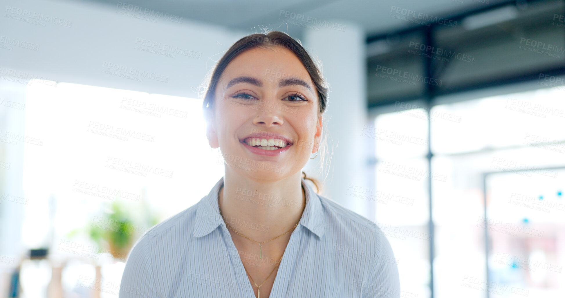 Buy stock photo Happy, portrait and business woman in the office with confident, good and positive attitude. Smile, pride and headshot of professional young female lawyer from Canada standing in modern workplace.