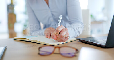 Buy stock photo Employee, hands and writing notes in journal with desk, laptop and business schedule, agenda or administration reminder. Office notebook and woman planning in diary with ideas, review or research