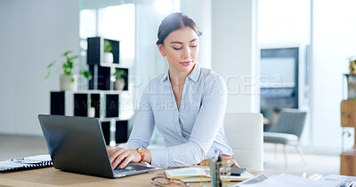 Buy stock photo Laptop, document and business woman in the office typing for a legal corporate project. Research, technology and professional female attorney working on a law case on a computer in modern workplace.