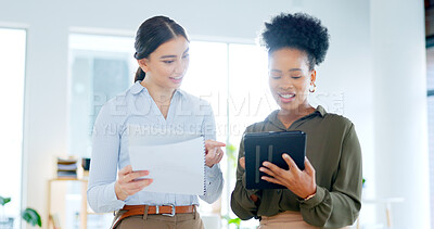 Buy stock photo Business people, documents and tablet for teamwork, planning and marketing collaboration or advice in office. Professional women or manager on digital technology, social media report or happy results