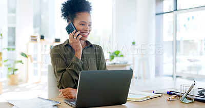 Buy stock photo African woman, phone call and laptop in office for negotiation, deal and thinking with strategy. Black business owner, entrepreneur and computer for networking, contact or discussion for lead at desk