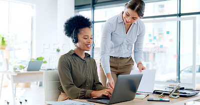 Buy stock photo Women, training and teamwork on call center computer for advice in sales, telemarketing feedback or management. Business agency, manager and consultant talking with documents and laptop for planning