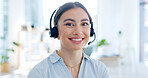 Contact us, call center portrait or happy woman speaking or talking in communications company office. Crm, friendly smile or telemarketing sales agent consulting online in telecom customer services