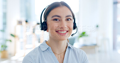 Buy stock photo Call center, communication and contact us, woman in portrait with telecom or customer service. Conversation, headset and mic with help desk and CRM, telemarketing sales and consultant in office