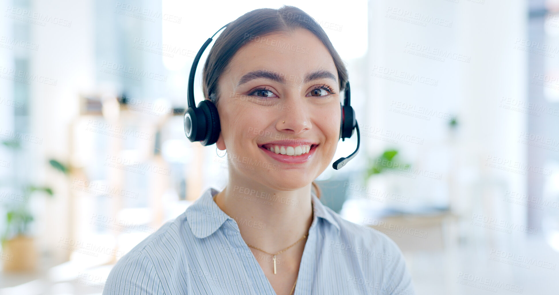 Buy stock photo Call center, communication and contact us, woman in portrait with telecom or customer service. Conversation, headset and mic with help desk and CRM, telemarketing sales and consultant in office