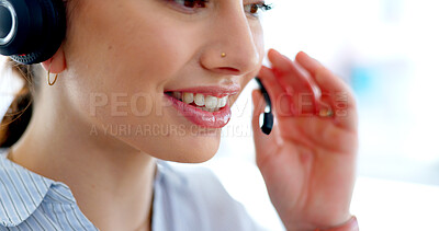 Buy stock photo Mouth, hand on mic and woman at call center, talking and CRM with contact us and customer service job. Telemarketing, help desk and advice with receptionist or consultant, telecom and communication