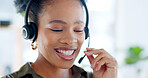 Crm, call center or friendly black woman speaking, helping or talking in communications company office. African crm, face or telemarketing sales agent explaining online in telecom customer services