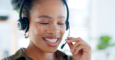 Buy stock photo Callcenter, communication and contact us, black woman and phone call with telecom or customer service. Conversation, headset and mic with help desk and talking for telemarketing sales and consultant