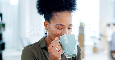 Buy stock photo Black woman, drink and coffee break in office to relax in business, agency and company. Calm, employee and drinking cup of tea or espresso for energy, peace and motivation in professional workplace 