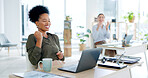 Laptop, celebration and black woman in business achievement, target goals or motivation. Happy female worker, computer or celebrate success in office of winner, bonus or fist of winning surprise deal