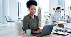 Happy black woman, business and face at laptop in office for happiness, motivation and planning. Female employee, portrait and smile at computer for corporate pride, management and career empowerment