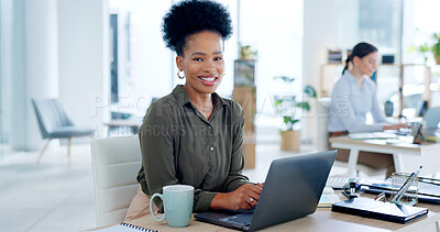 Buy stock photo Business, portrait and black woman with a laptop, internet and online reading with planning, typing and employee. African person, consultant and worker with a pc, email notification and website info