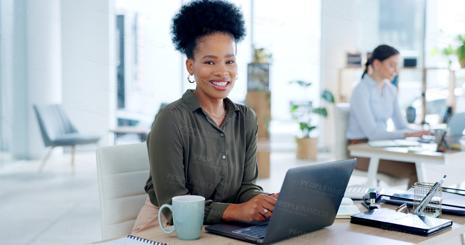 Buy stock photo Business, portrait and black woman with a laptop, internet and online reading with planning, typing and employee. African person, consultant and worker with a pc, email notification and website info