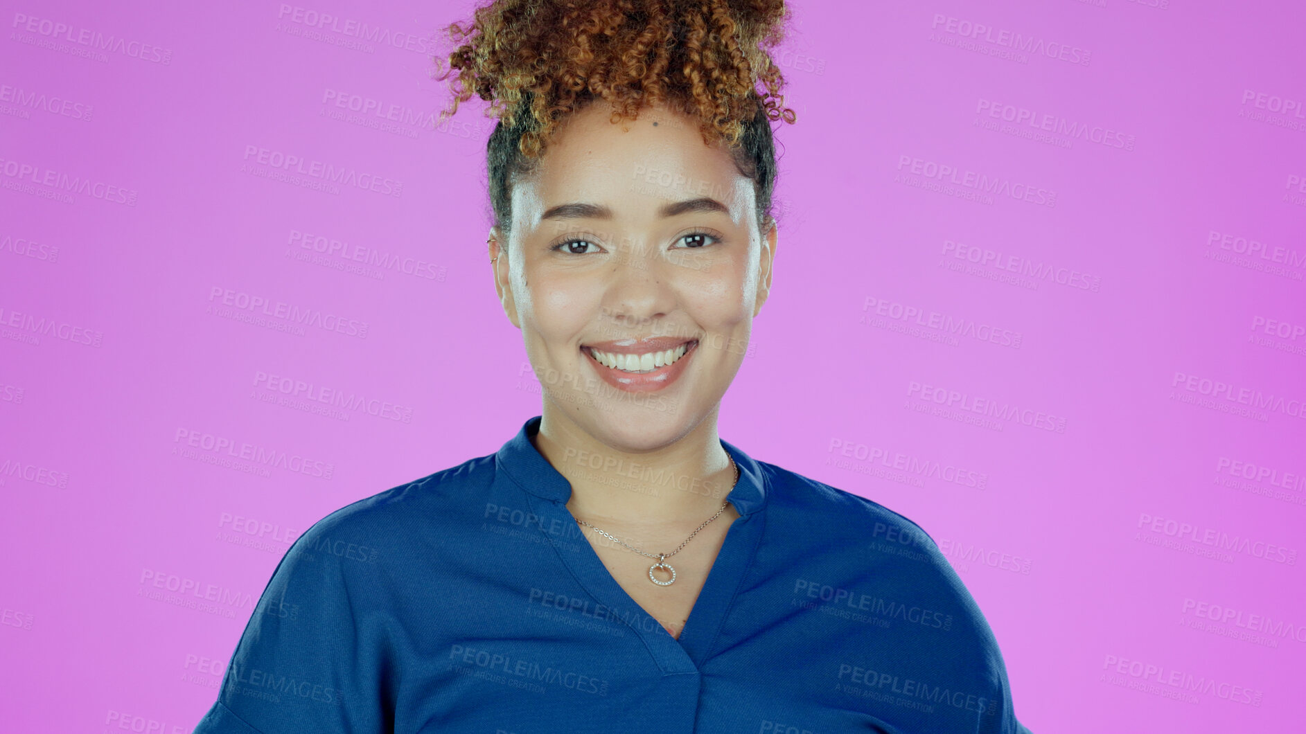 Buy stock photo Happy woman, smile in portrait and positive attitude, pride and mockup space isolated on pink background. Face, confident and young model in headshot with wellness, positivity and cheerful in studio