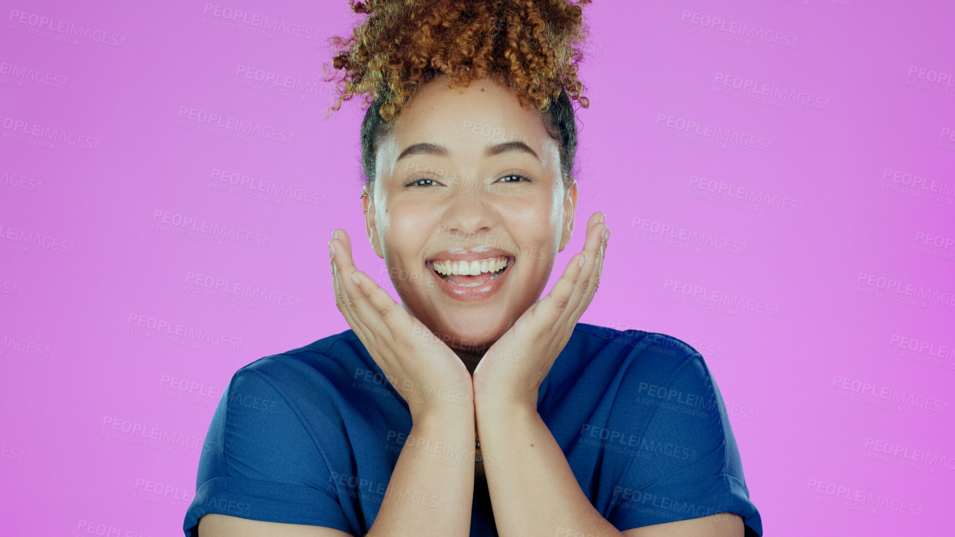 Buy stock photo Happy woman, portrait and wow for skincare, cosmetics or makeup results and dermatology on pink background. Face of a young, African person or winner for facial beauty or skin care surprise in studio