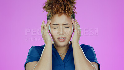 Buy stock photo Headache, black woman and pain from stress, burnout and uncomfortable ache in studio on pink background. Migraine, African person and hypertension, strain or sinus tension from allergy, worry or risk