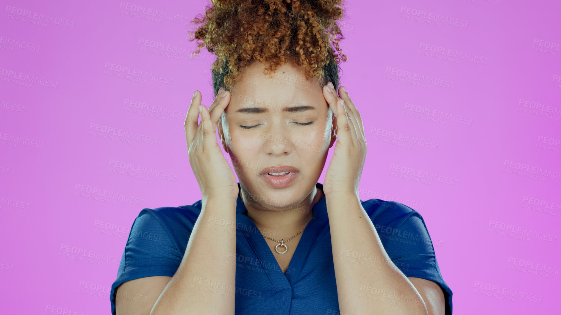 Buy stock photo Headache, black woman and pain from stress, burnout and uncomfortable ache in studio on pink background. Migraine, African person and hypertension, strain or sinus tension from allergy, worry or risk