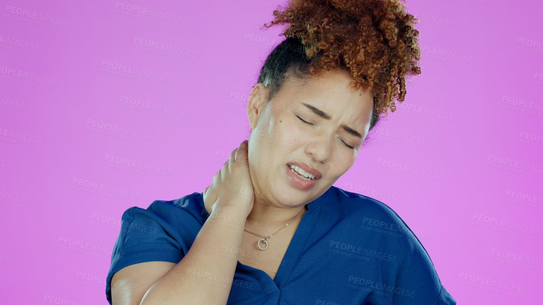 Buy stock photo Neck pain, black woman and muscle injury with stress and uncomfortable ache in studio on pink background. Fibromyalgia, African person and inflammation, strain or anxiety with joint risk or problem