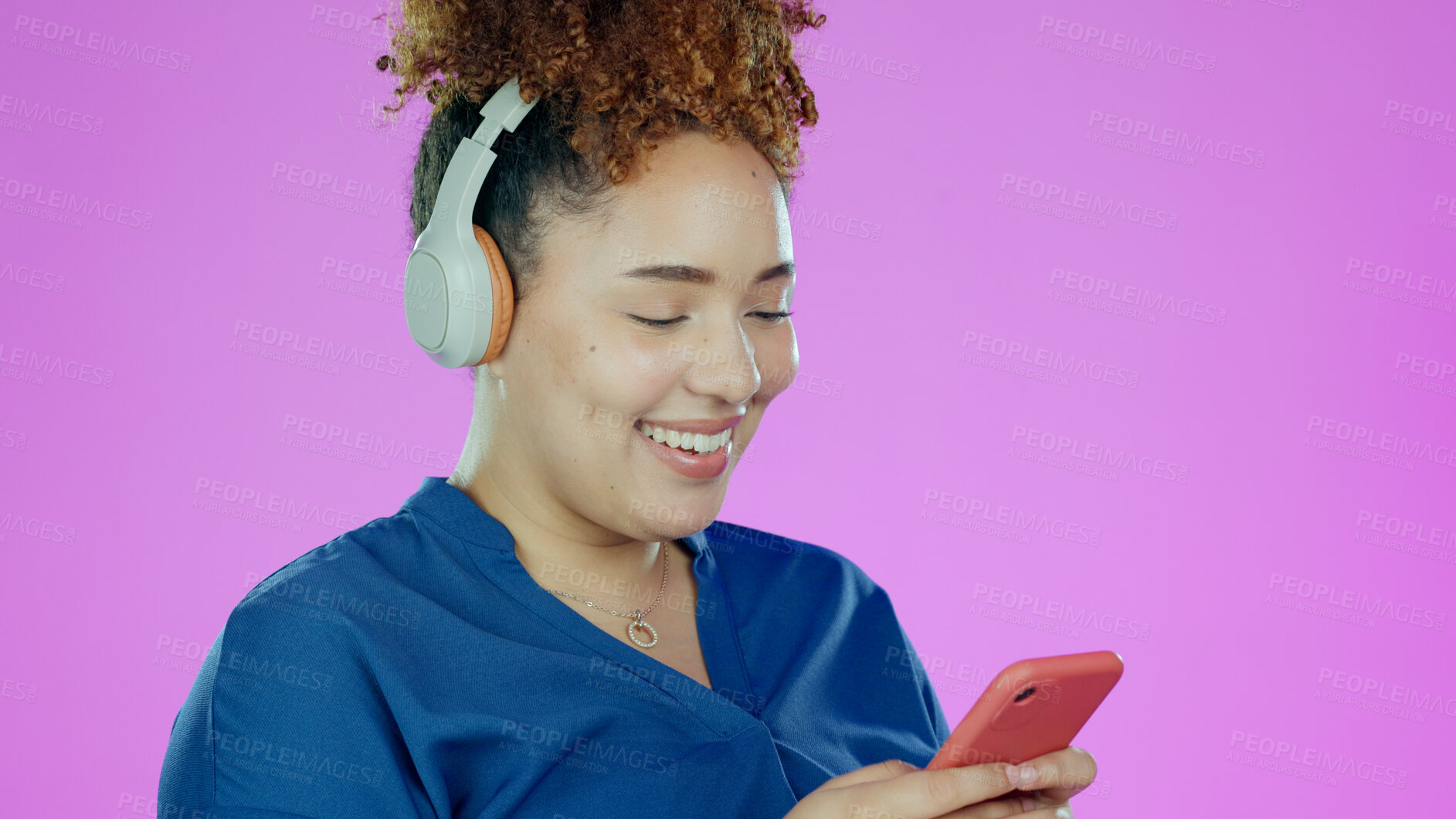 Buy stock photo Headphones, music and woman with phone on purple background listening to song, audio and radio. Happy, smile and face of person with smartphone for streaming subscription, relax and fun in studio