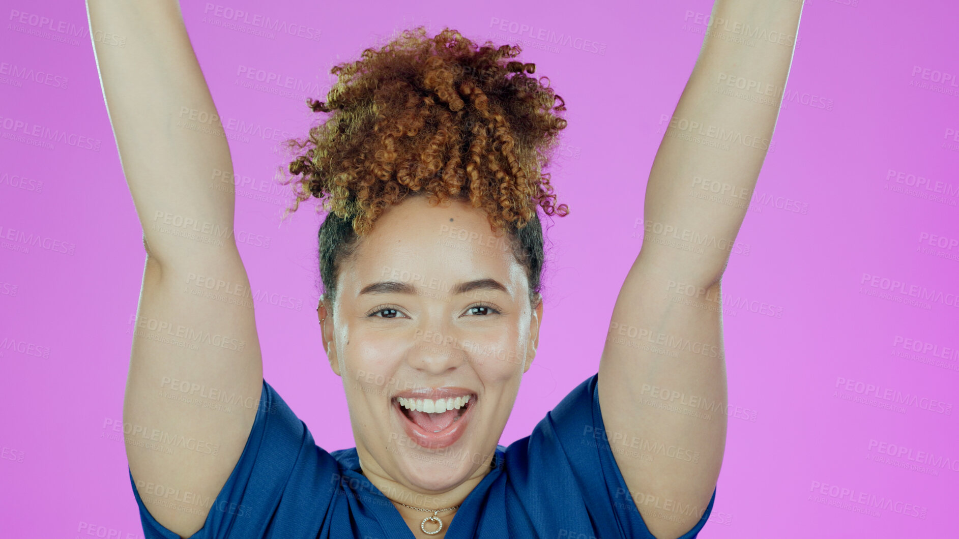 Buy stock photo Free, excited and woman with smile, arms in the air and celebration is studio on purple background. Freedom, female and happy lady with excitement and joy for success, life and cheerful or motivation