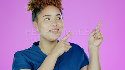 Buy stock photo Happy woman, face and pointing in advertising, marketing or announcement against a studio background. Female person smile and showing notification, deal or alert for advertisement or sale on mockup