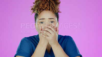 Buy stock photo Shock, portrait and woman with hands over mouth, announcement or secret isolated on pink background. Gossip, alarm and drama with news, wow reaction and mind blown with surprise expression in studio